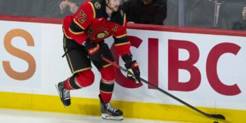 Mar 21, 2026; Ottawa, Ontario, CAN; Ottawa Senators defenseman Thomas Chabot (72) skates with the puck in the third period against. the Toronto Maple Leafs at the Canadian Tire Centre. Mandatory Credit: Marc DesRosiers-IMAGN Images
