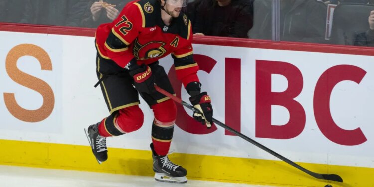 Mar 21, 2026; Ottawa, Ontario, CAN; Ottawa Senators defenseman Thomas Chabot (72) skates with the puck in the third period against. the Toronto Maple Leafs at the Canadian Tire Centre. Mandatory Credit: Marc DesRosiers-IMAGN Images