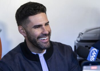 J.D. Martinez talks with reporters on April 8, 2026 at Citi Field.