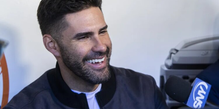 J.D. Martinez talks with reporters on April 8, 2026 at Citi Field.