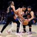 Atlanta Hawks guard CJ McCollum loses the ball to New York Knicks guard Jalen Brunson and New York Knicks guard Josh Hart during game five of a first-round NBA playoffs basketball game in the second quarter at Madison Square Garden in New York, New York, USA, Tuesday, March 28, 2026.