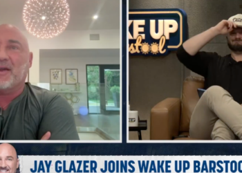 Jay Glazer joining Wake Up Barstool, seen in a split screen with a host.