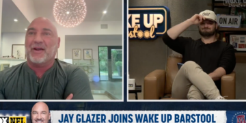 Jay Glazer joining Wake Up Barstool, seen in a split screen with a host.