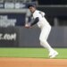 New York Yankees second baseman Jazz Chisholm Jr. (13) throws a baseball during the sixth inning at Yankee Stadium.