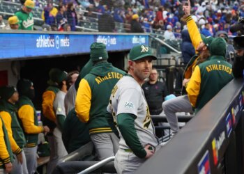 Athletics second baseman Jeff McNeil (22) is honored before the game with a video tribute and applause from fans when the New York Mets played the Athletics Friday, April 10, 2026 at Citi Field in Queens, NY.