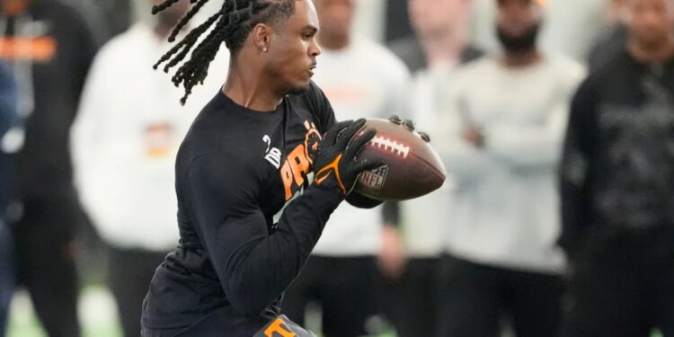 Tennessee defensive back Jermod McCoy runs a drill during the school's NFL football pro day.