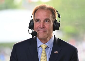 Jim Nantz is seen on the CBS sports desk during the third round of  the Memorial Tournament presented by Workday at Muirfield Village Golf Club on May 31, 2025 in Dublin, Ohio.
