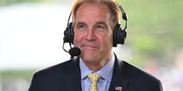 Jim Nantz is seen on the CBS sports desk during the third round of the Memorial Tournament presented by Workday at Muirfield Village Golf Club on May 31, 2025 in Dublin, Ohio.