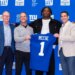 From left: Giants owner John Mara, head coach John Harbaugh, No. 5 overall pick Arvell Reese and GM Joe Schoen at the team facility for Reese's introduction on April 24, 2026.