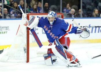 New York Rangers goaltender Jonathan Quick (32) defends the net during the second period when the New York Rangers played the New Jersey Devils Wednesday, March 18, 2026 at Madison Square Garden