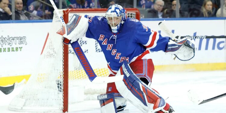 New York Rangers goaltender Jonathan Quick (32) defends the net during the second period when the New York Rangers played the New Jersey Devils Wednesday, March 18, 2026 at Madison Square Garden