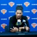 Josh Hart #3, speaking to the media after practice at the New York Knicks training facility in Tarrytown, New York.