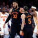 Karl-Anthony Towns is greeted by Jose Alvarado celebrate a score during the Knicks' 126-97 Game 5 blowout win over the Hawks on April 28, 2026 at Madison Square Garden.