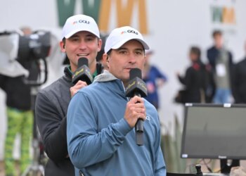 Kevin Kisner and Smylie Kaufman announce for NBC Sports on the 16th hole during the third round of  WM Phoenix Open at TPC Scottsdale (Stadium Course) on February 10, 2024 in Scottsdale, Arizona.