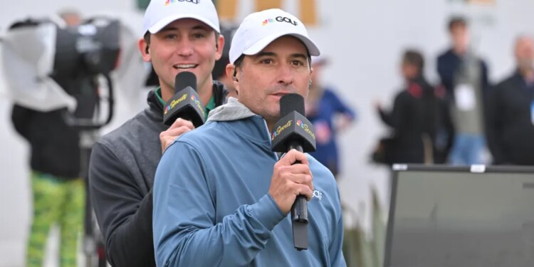 Kevin Kisner and Smylie Kaufman announce for NBC Sports on the 16th hole during the third round of  WM Phoenix Open at TPC Scottsdale (Stadium Course) on February 10, 2024 in Scottsdale, Arizona.
