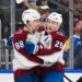 Apr 7, 2026; St. Louis, Missouri, USA; Colorado Avalanche center Martin Necas (88) celebrates with center Nathan MacKinnon (29) after scoring against the St. Louis Blues during the first period at Enterprise Center. Mandatory Credit: Jeff Curry-Imagn Images