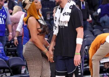 Music artist Megan Thee Stallion greets Dallas Mavericks guard Klay Thompson at Madison Square Garden.