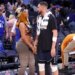 Music artist Megan Thee Stallion greets Dallas Mavericks guard Klay Thompson at Madison Square Garden.