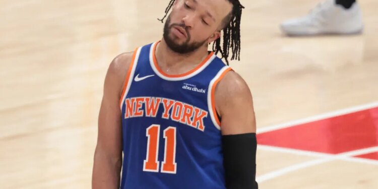 Jalen Brunson gives a frustrated expression during the third quarter of the Knicks' Game 3 loss to the Hawks.