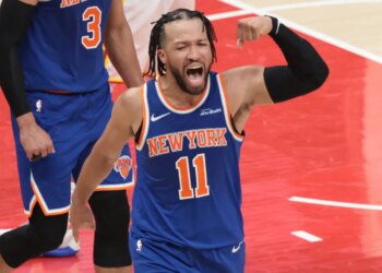 Jalen Brunson reacts after scoring a bucket and drawing a foul during the fourth quarter of the Knicks' Game 4 win over the Hawks on April 25, 2026 in Atlanta.