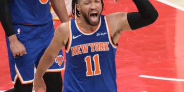 Jalen Brunson reacts after scoring a bucket and drawing a foul during the fourth quarter of the Knicks' Game 4 win over the Hawks on April 25, 2026 in Atlanta.