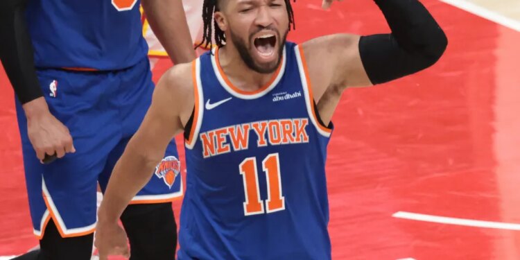 Jalen Brunson reacts after scoring a bucket and drawing a foul during the fourth quarter of the Knicks' Game 4 win over the Hawks on April 25, 2026 in Atlanta.