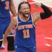 Jalen Brunson reacts after scoring a bucket and drawing a foul during the fourth quarter of the Knicks' Game 4 win over the Hawks on April 25, 2026 in Atlanta.