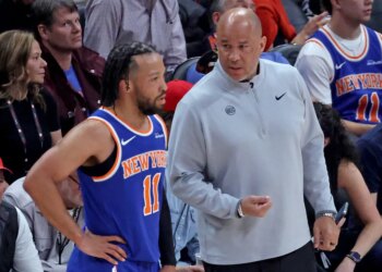 Jalen Brunson got into a brief yelling match with his dad, Rick, who is a Knicks' assistant coach, during their 114-98 Game 4 win over the Hawks on April 25, 2026 in Atlanta.