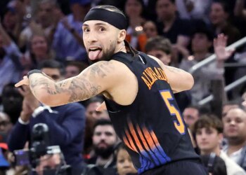 Jose Alvarado celebrates after hitting a 3-pointer during the Knicks' 127-97 Game 5 blowout win over the Hawks on April 28, 2026 at the Garden.