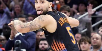 Jose Alvarado celebrates after hitting a 3-pointer during the Knicks' 127-97 Game 5 blowout win over the Hawks on April 28, 2026 at the Garden.