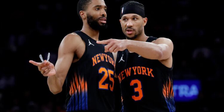 New York Knicks guard Josh Hart speaks with New York Knicks guard Mikal Bridges during game five of a first-round NBA playoffs basketball game in the fourth quarter at Madison Square Garden in New York, New York, USA, Tuesday, March 28, 2026.