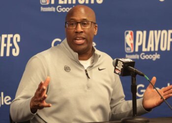 Mike Brown talks to reporters after the Knicks' 109-108 Game 3 loss to the Hawks on April 23, 2026 in Atlanta.