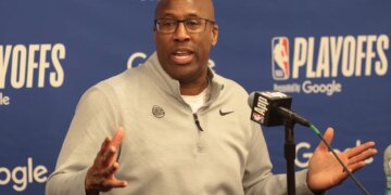 Mike Brown talks to reporters after the Knicks' 109-108 Game 3 loss to the Hawks on April 23, 2026 in Atlanta.