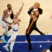 Atlanta Hawks forward Jalen Johnson (1) puts up shot as New York Knicks guard Landry Shamet (44) defends during the third quarter.