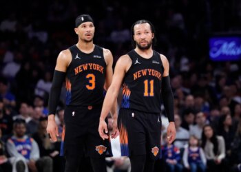 Josh Hart #3 of the New York Knicks and guard Jalen Brunson #11 of the New York Knicks speak on the court during the first half at Madison Square Garden, Friday April 3rd, 2026, in New York, NY.