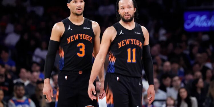 Josh Hart #3 of the New York Knicks and guard Jalen Brunson #11 of the New York Knicks speak on the court during the first half at Madison Square Garden, Friday April 3rd, 2026, in New York, NY.