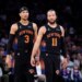 Josh Hart #3 of the New York Knicks and guard Jalen Brunson #11 of the New York Knicks speak on the court during the first half at Madison Square Garden, Friday April 3rd, 2026, in New York, NY.