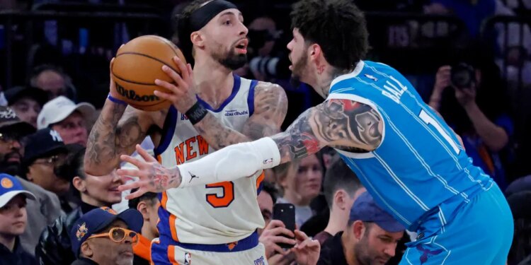 New York Knicks guard Jose Alvarado defends against Charlotte Hornets guard LaMelo Ball during a game.
