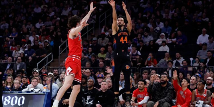 Landry Shamet puts up a shot as guard Josh Giddey #3 of the Chicago Bulls defends during the first half at Madison Square Garden, Friday April 3rd, 2026, in New York, NY.