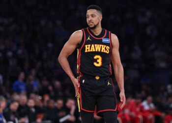 Atlanta Hawks guard CJ McCollum (3) during the first half of the 2026 NBA Playoffs against the New York Knicks.