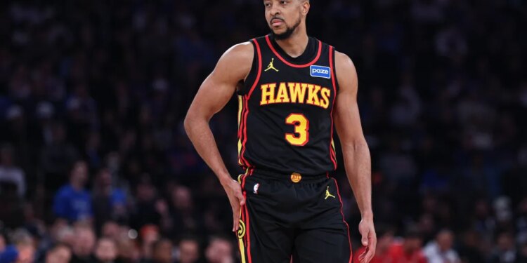 Atlanta Hawks guard CJ McCollum (3) during the first half of the 2026 NBA Playoffs against the New York Knicks.