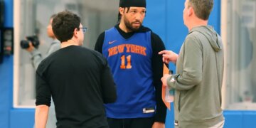 Jalen Brunson participates in practice at the Knicks' training facility on April 15, 2026 in Tarrytown, N.Y.