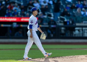New York Mets pitcher Kodai Senga on the mound after giving up a home run.