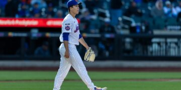 New York Mets pitcher Kodai Senga on the mound after giving up a home run.