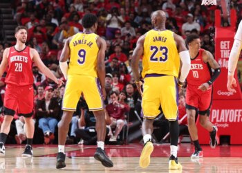 LeBron James connects with Bronny James Jr. for first father-son assist in NBA playoff history during Lakers vs Rockets Game 3
