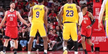 LeBron James connects with Bronny James Jr. for first father-son assist in NBA playoff history during Lakers vs Rockets Game 3