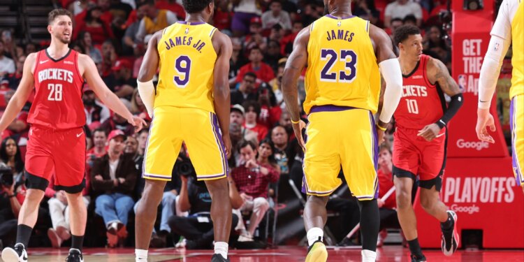 LeBron James connects with Bronny James Jr. for first father-son assist in NBA playoff history during Lakers vs Rockets Game 3