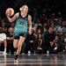 New York Liberty guard Marine Johannès (23) brings up the ball during the second half of a game against the Phoenix Mercury.