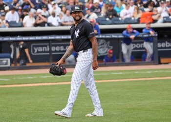 Yankees pitcher Luis Gil #81, walks off the mound after being removed from the game in the 3rd inning.