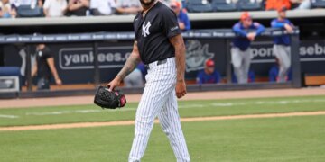 Yankees pitcher Luis Gil #81, walks off the mound after being removed from the game in the 3rd inning.